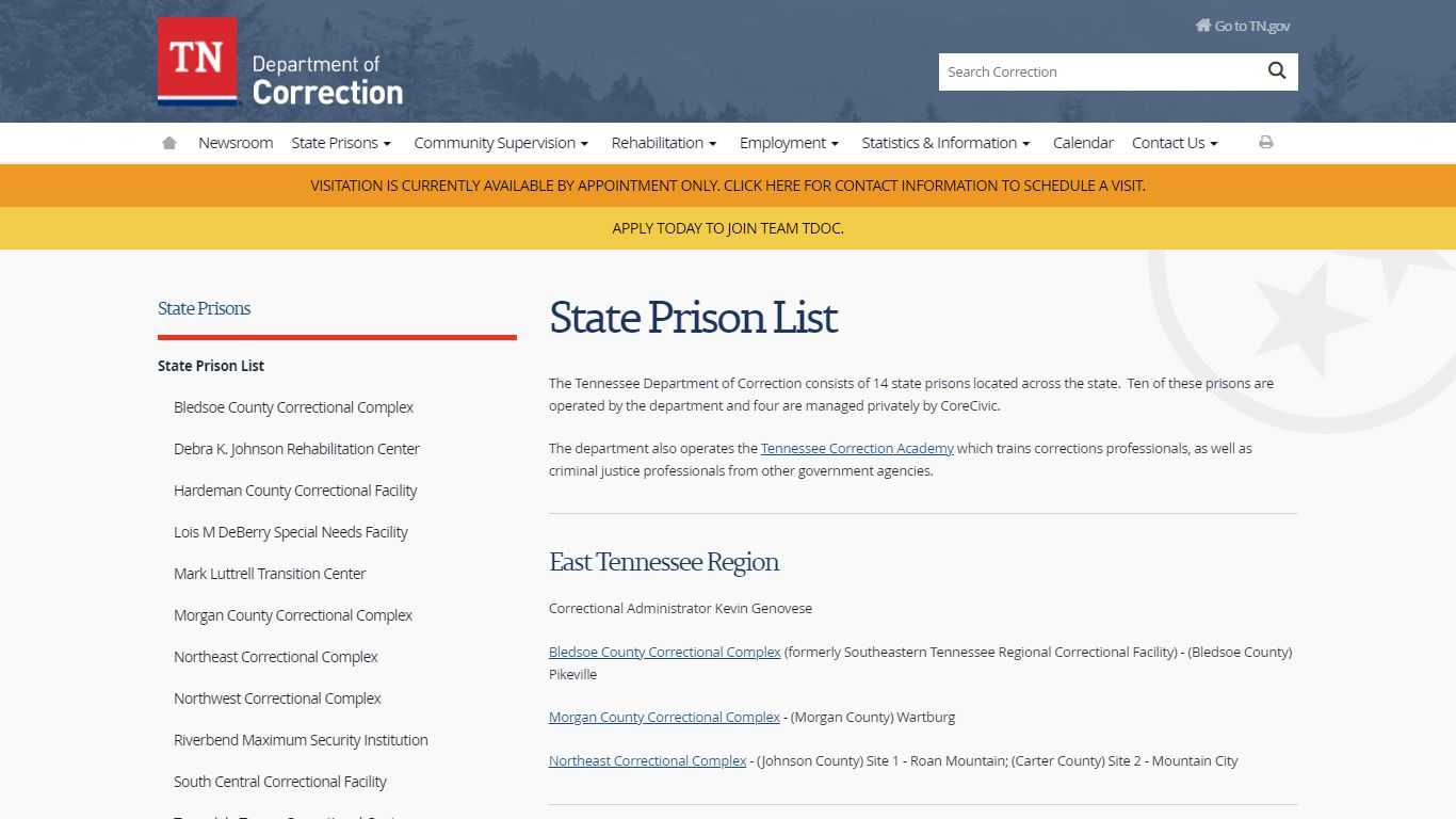 State Prison List - Tennessee